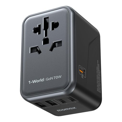 MOMAX Universal Travel Adapter 70W GaN with 3 USB-C and 2 USB-A ports