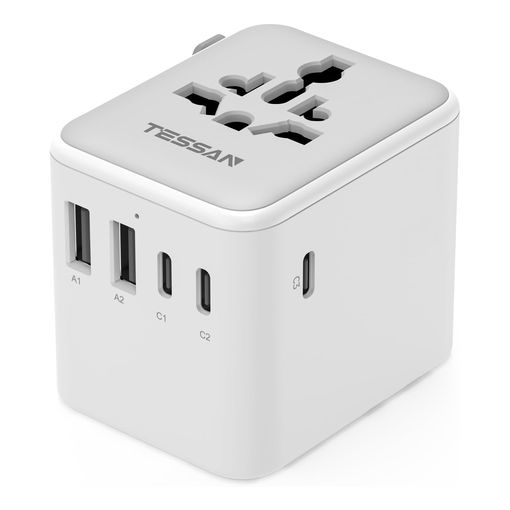 TESSAN Universal Travel Adapter with 2 USB-A and 3 USB-C ports plus a universal AC outlet