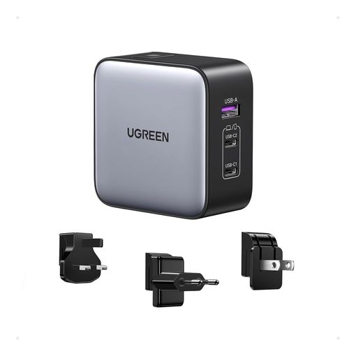 UGREEN Nexode 65W 3-Port Travel Charger with three swappable regional plug heads