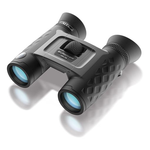 Steiner BluHorizons 10x26 compact binocular in black and grey armour with blue-tinted Autobright lenses