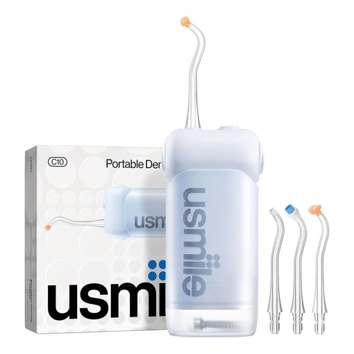 usmile C10 portable water flosser with charging cable and three nozzles