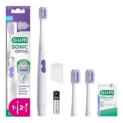 GUM Sonic Ortho battery powered electric toothbrush with retail packaging and spare heads